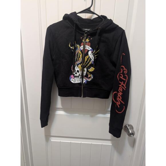 Ed Hardy NYC Full Zip Skull Jacket Cropped Hoodie Y2K 90s Tattoo Art Women's M - Picture 10 of 12